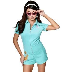 Barbie x Unique Vintage Embroidered Aqua Terry Cloth Romper Retro Pinup Kidcore